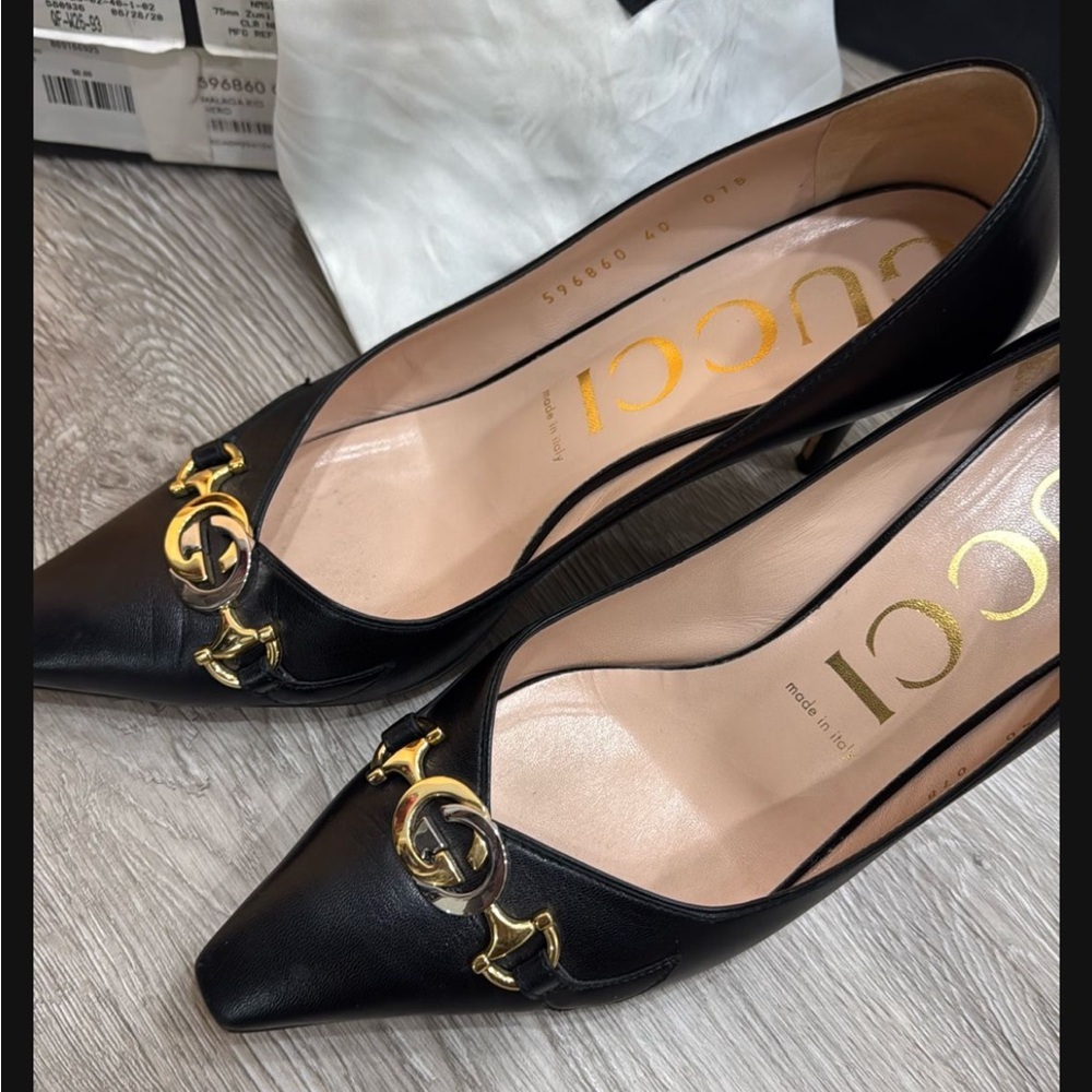 Gucci Black Leather Heels with Gold Accents